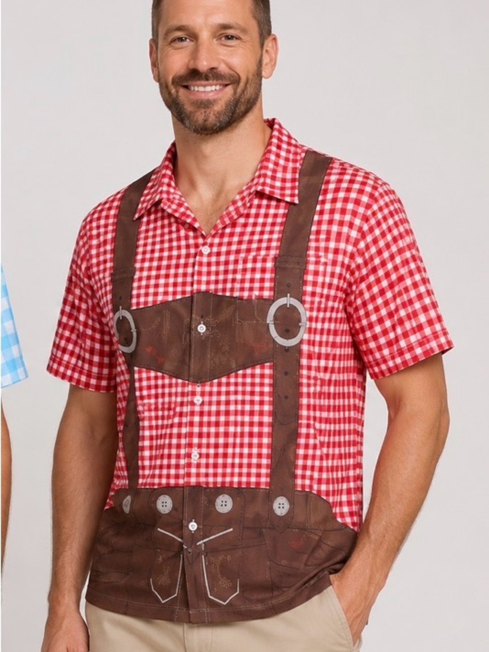 Men's Red Gingham Short-Sleeve Shirt with Lederhosen Print